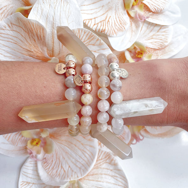 BLOOM RISE flower agate crystal point bracelets on wrist with 925 sterling silver - 8mm beads