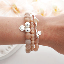 Load image into Gallery viewer, SUN and SUN BLOOM sunstone and flower agate crystal bracelets with 925 sterling silver on wrist - 2mm and 4mm beads
