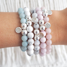 Load image into Gallery viewer, Amazonite Howlite Moonstone Kunzite and Rose Quartz crystal bracelet stack with 925 Sterling Silver

